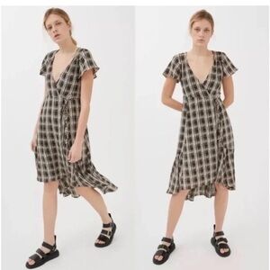 Urban Outfitters Daphne Wrap Dress Black and Cream Plaid High Low Dress